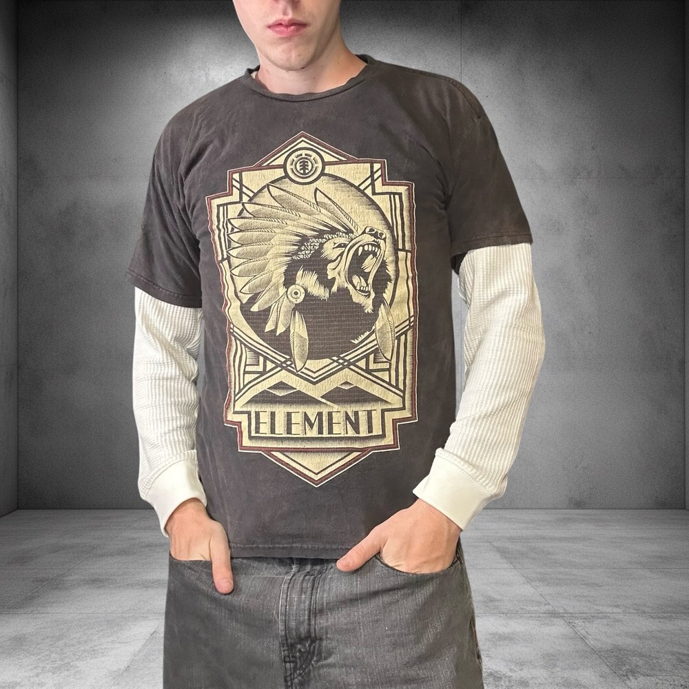 Element Skateboards Graphic T-Shirt Faded Black Bear Headdress Mens Medium Y2K